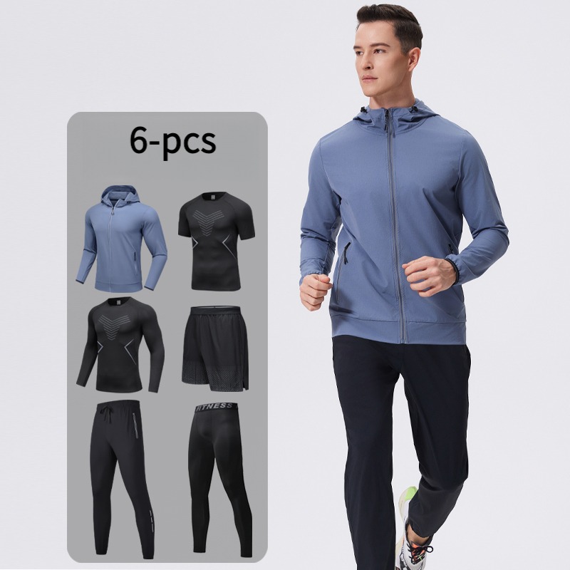 Cycling Gear Outfit - メンズ6点スポーツウェアセット、フード付き、通気性、キャンプやサイクリングに最適、トレーニングウェア、ポケット付き