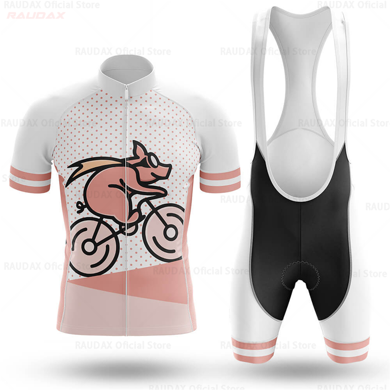 Cycling Gear Padding - メンズ面白い豚柄アニメサイクリングジャージセット ピンクのロードバイクシャツとビブショーツ MTBウェア - 新しいサイクリングギア