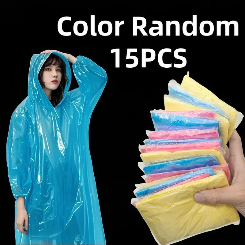 Yellow Cycling Gear - 15/30枚入り ランダムカラー使い捨て透明レインポンチョ（大人用） - 軽量、折りたたみ可能な緊急用雨具、赤/青/黄、通気性のあるプラスチック素材、ハイキング、釣り、サイクリングなどのアウトドアアクティビティに最適、様々な色をご用意、携帯用収納バッグ付き