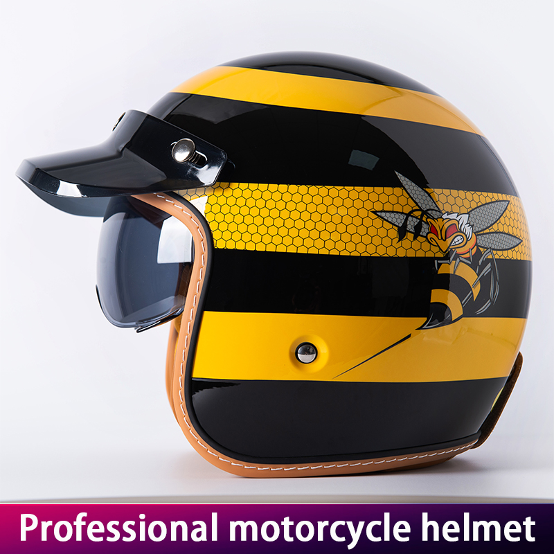 新しいレトロなオートバイヘルメットイエロービー 3/4 シェ - Yellow Cycling Gear のレビューと価格